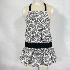 Flirty Aprons Retro Style Floral Scroll Print Black And White Apron OS